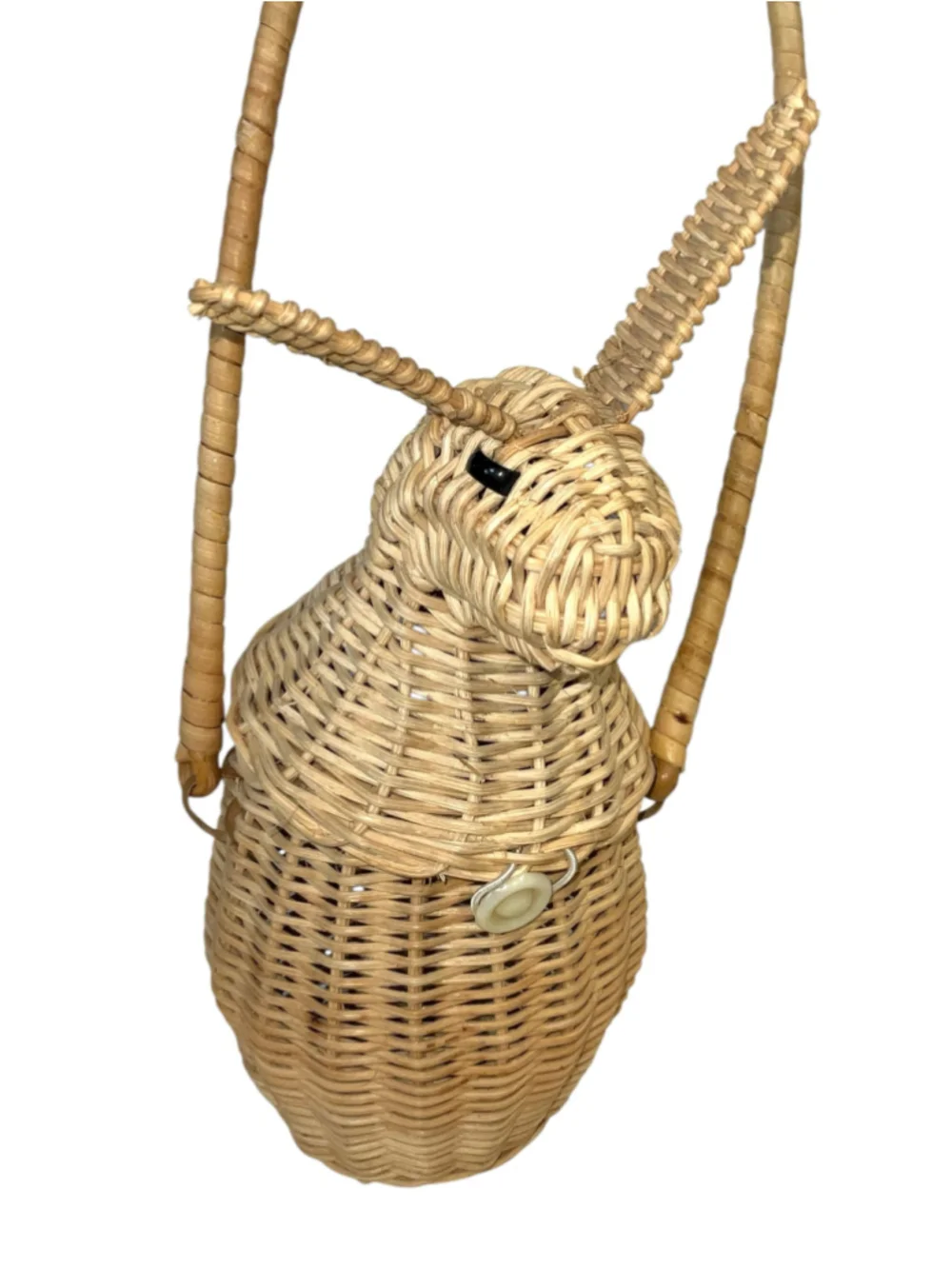 Vintage Handwoven Wicker Rabbit Bunny Basket Hinged 2-Compartment Long Handle